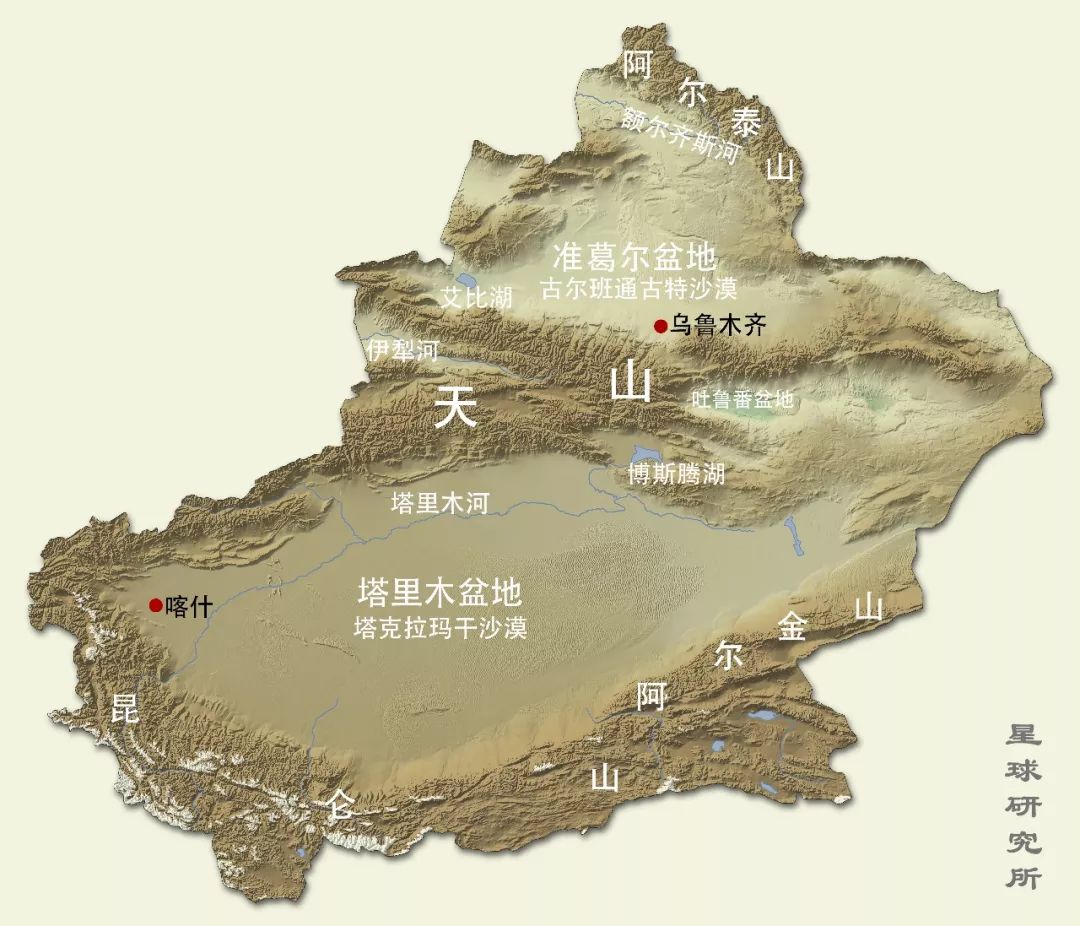 ▼(新疆地形图,制图@星球研究所,底图源自@steffen hammer/123rf)